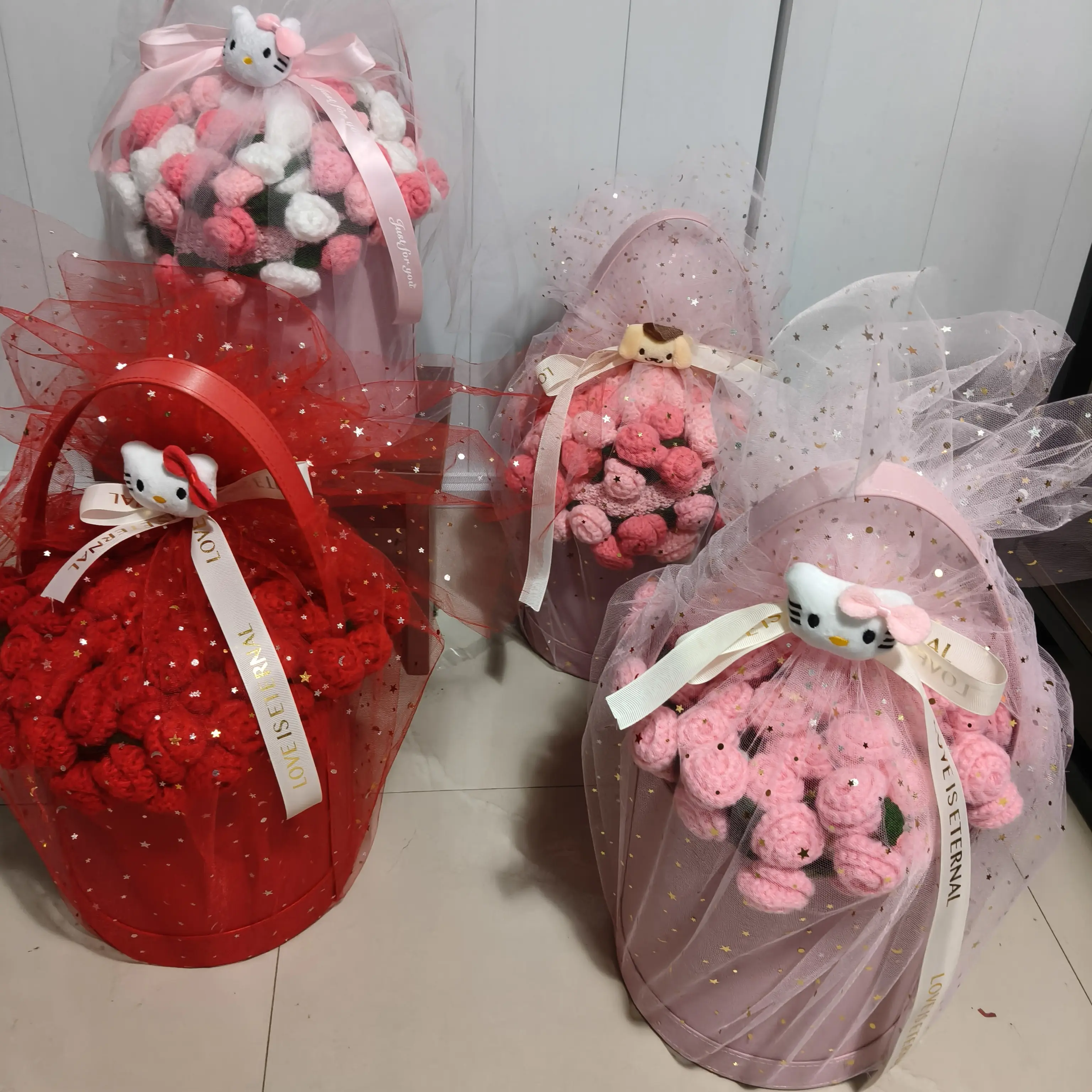 成品发货粉色玫瑰花束花朵可爱毯子手工编织送女生礼物