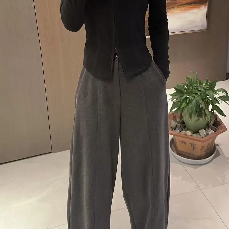 冬季新款休闲慵懒时尚抽绳上衣阔腿长裤套装女