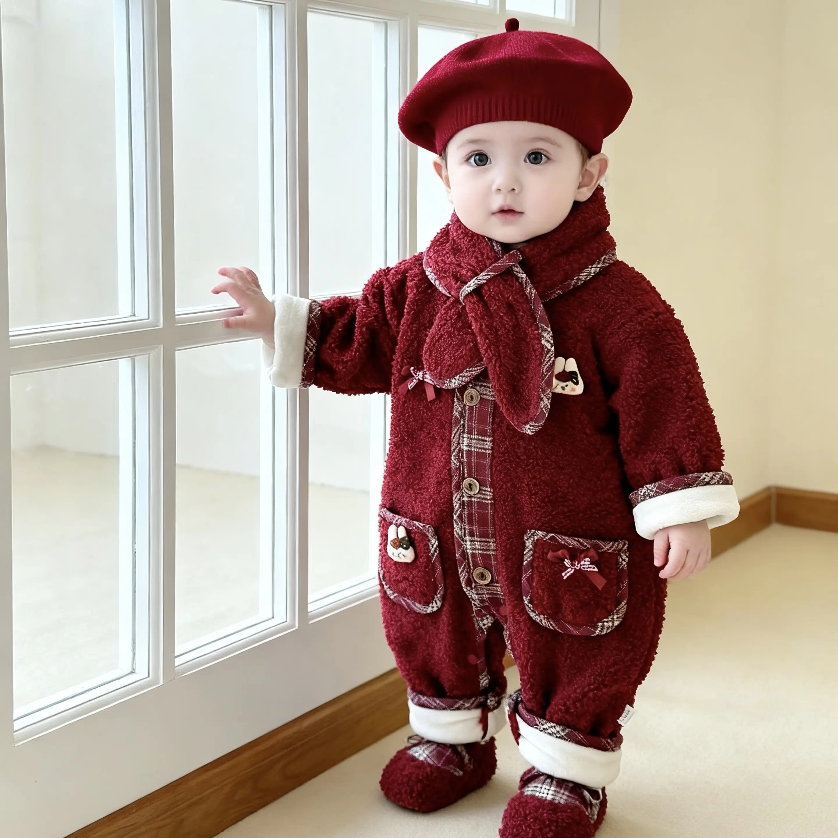 中性/男女均可可爱风婴儿加厚加绒冬季喜庆抓周拜年连体哈衣外出
