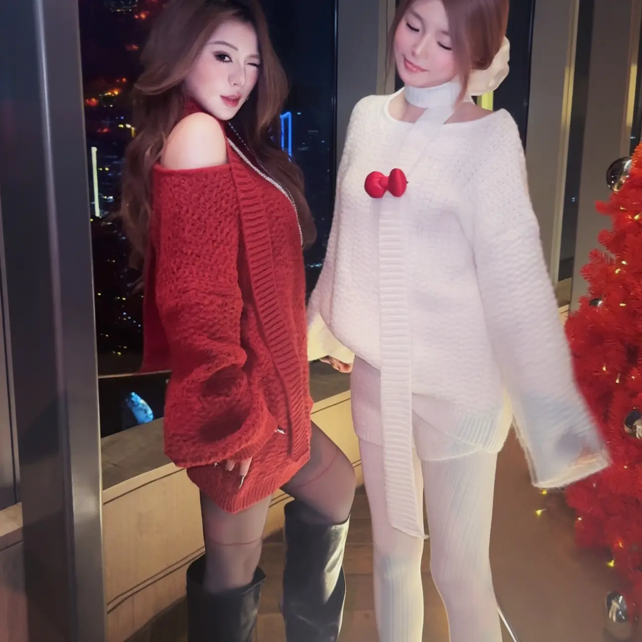 红色圣诞跨年慵懒飘带宽松软糯韩版针织毛衣长袖套装网红秋冬加厚