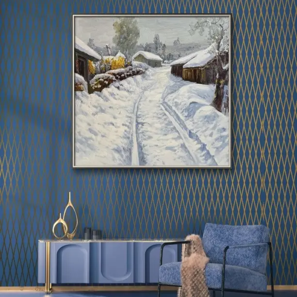 《乡村雪景》原创手绘乡村风景油画80x80cm适合客厅卧室装饰装饰画