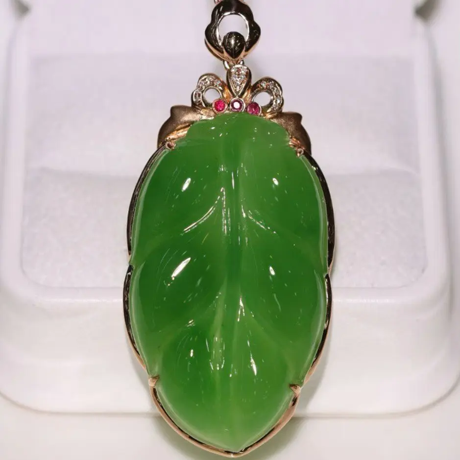 18k金镶嵌碧玉苹果绿树叶吊坠