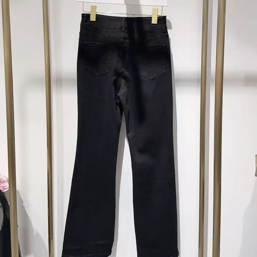 黑色高腰微喇牛仔裤时尚显瘦开叉直筒阔腿长裤