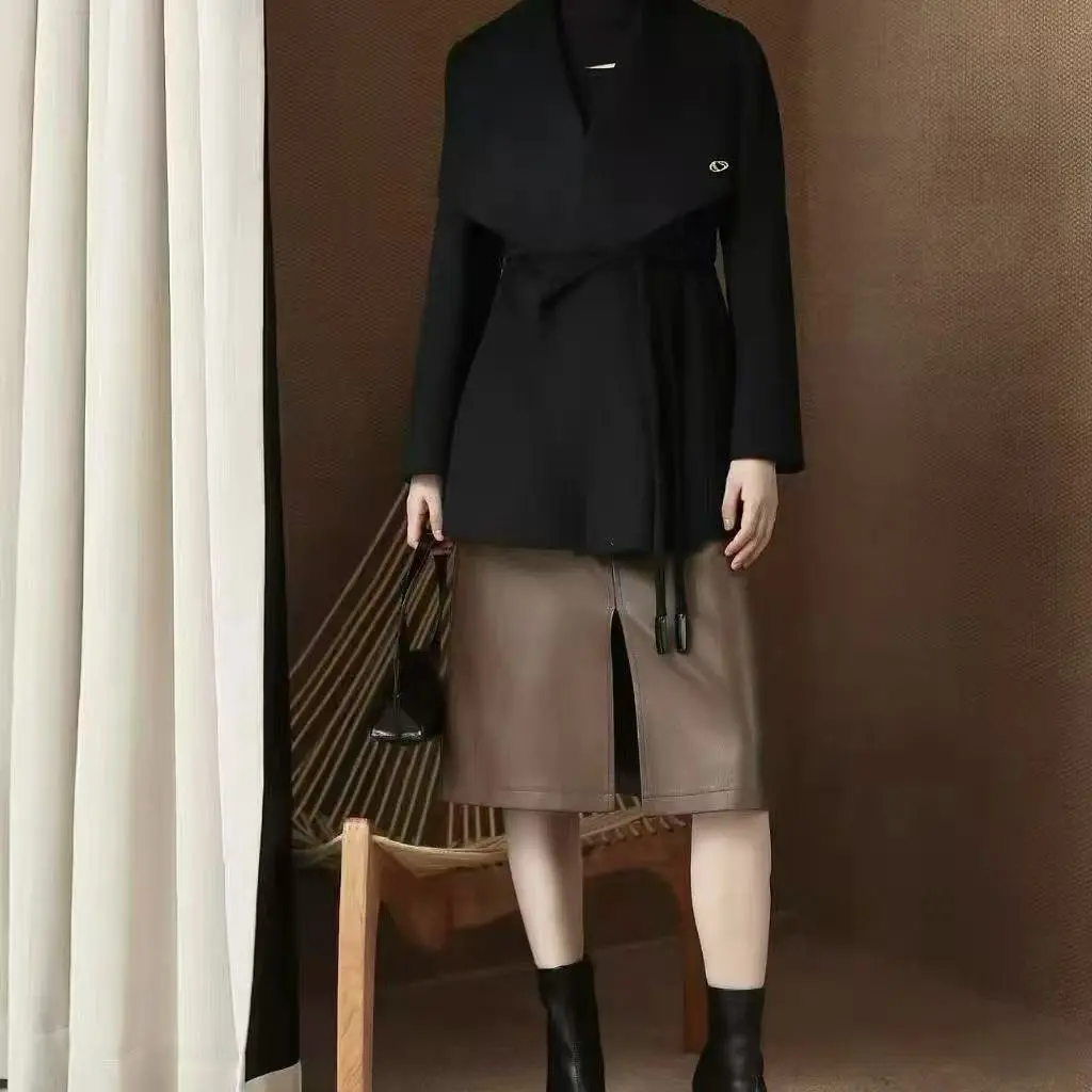 秋冬新款赫本风双面大衣女中长款大翻领系带收腰