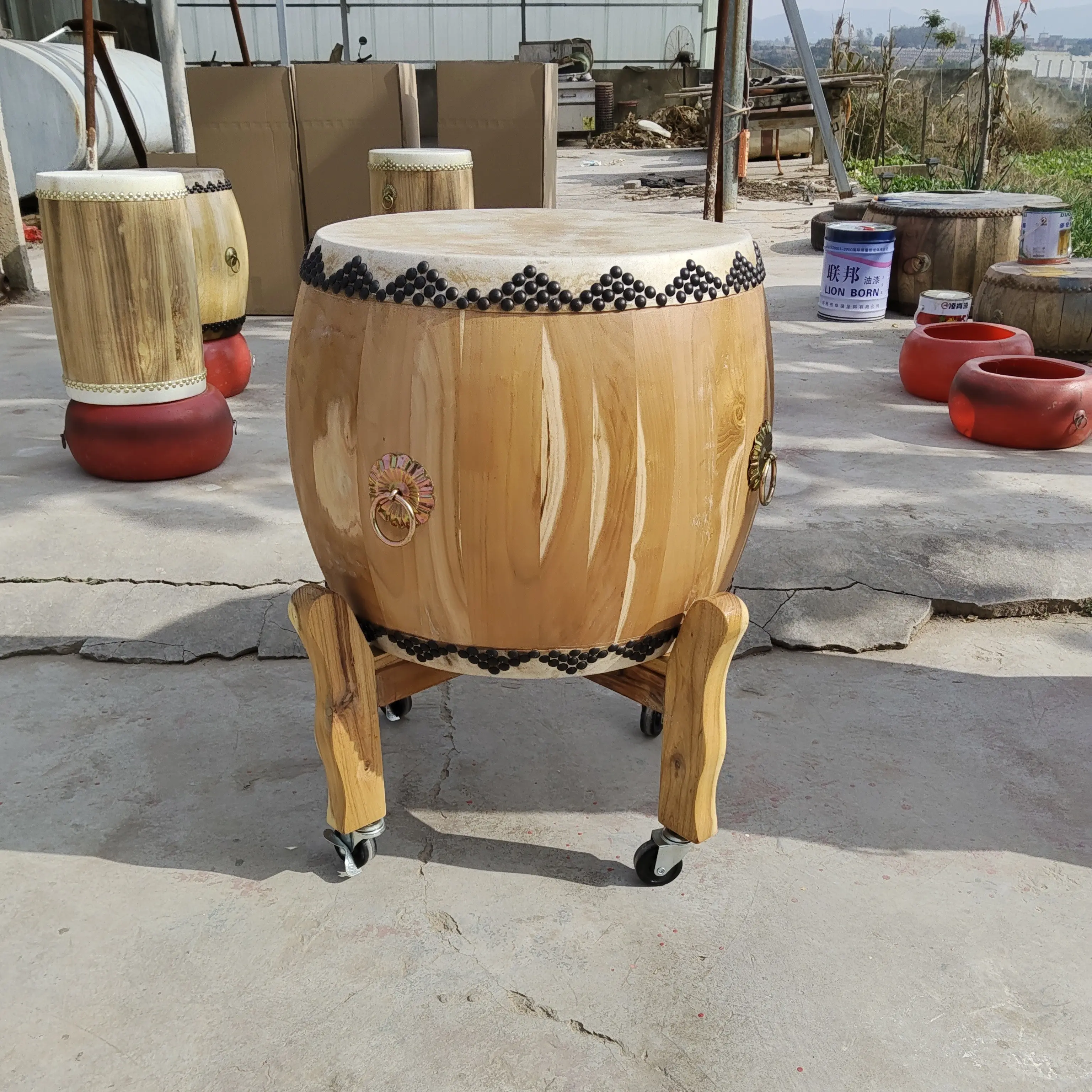 桑木加厚黄牛皮中式仿古兽头装饰演出用中国鼓寺庙专用牛皮大鼓