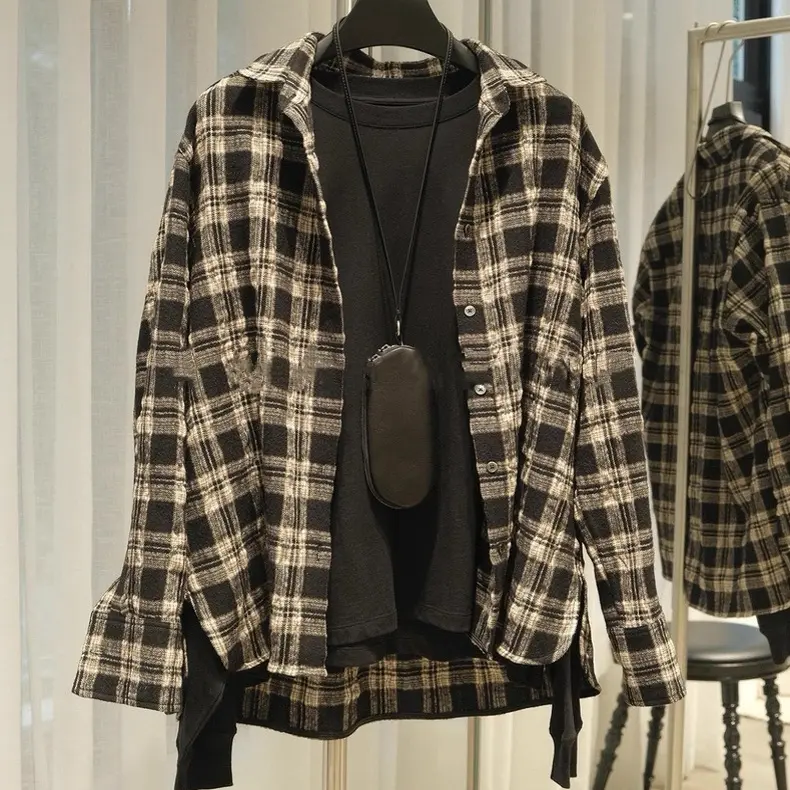 【JINXUAN/2025】原创设计澳洲羊毛肌理褶皱时髦松弛格纹衬衫外套
