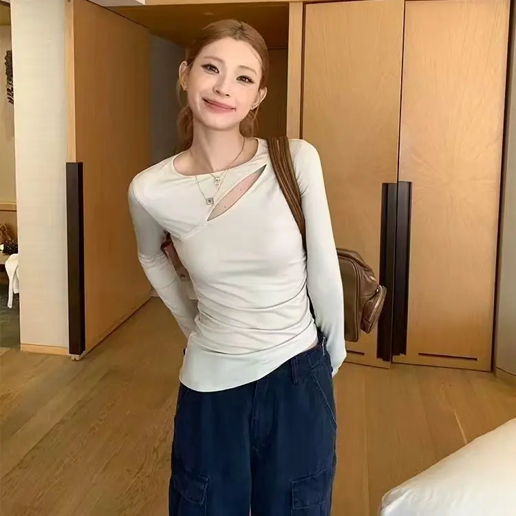 【FF】斜领长袖T恤不对称镂空可拆卸斜肩修身设计感辣妹打底上衣