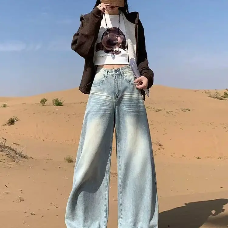  美式刺绣高腰显瘦弯刀宽松阔腿牛仔裤时尚女牛仔裤