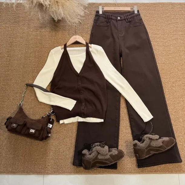 挂脖两件针织长袖衫女秋冬设计感修身显瘦打底衫上衣