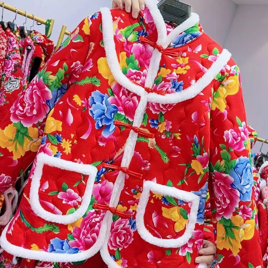 保暖珍珠扣复古网红妈妈装家居服加绒棉衣外套（宫廷风喜庆红兰花）