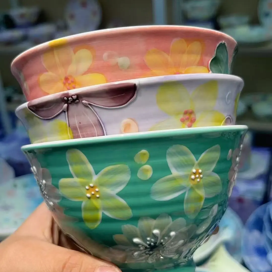 濑户烧濑户烧浮雕手绘陶瓷沙拉碗面碗，汤碗.家用高颜值碗