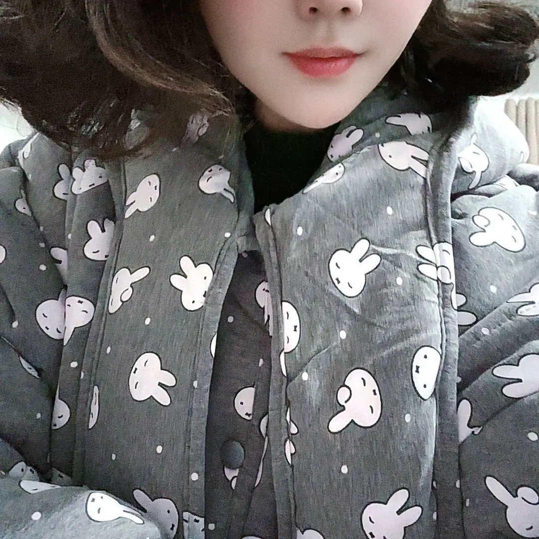 灰色小兔子围巾款新疆棉60长宽松舒适保暖可外穿家居服套装秋冬季