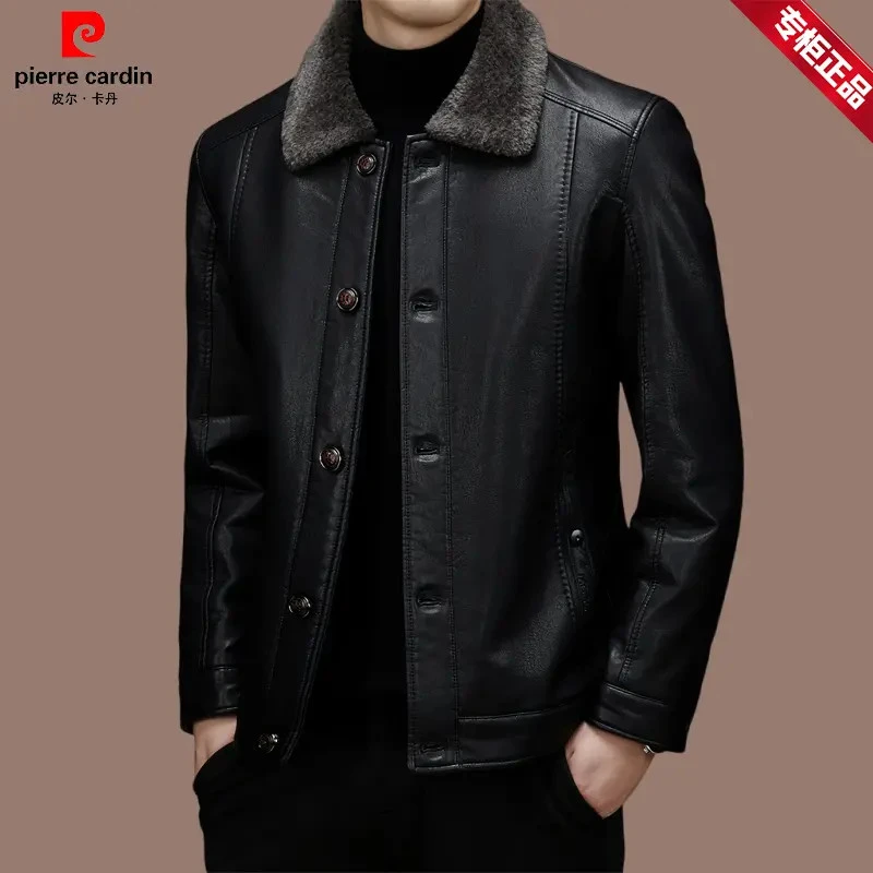 皮尔卡丹秋冬季男士加绒加厚皮衣高档中年爸爸装商务休闲翻领外套