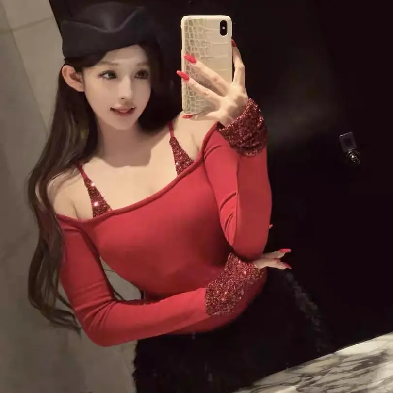 女辣妹风亮片拼接修身显瘦纯欲长袖打底衫秋冬百搭上衣