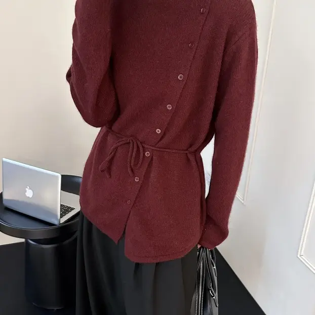 56893韩系立领针织衫收腰系带纯色毛衣长袖春秋外穿