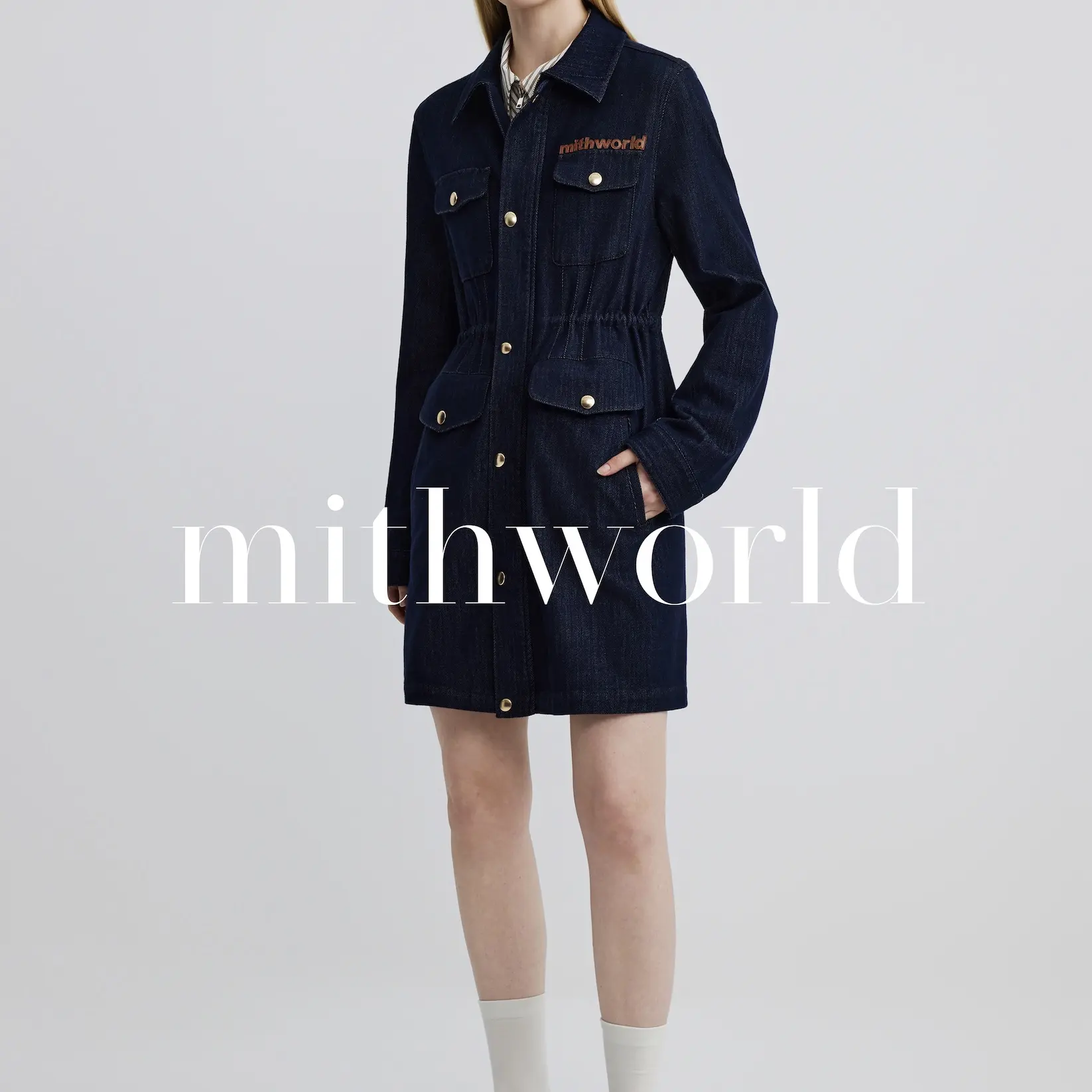 抽绳长款牛仔外套