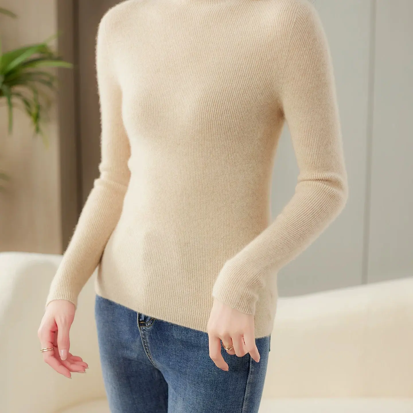 万能搭！康赛妮baby绒半高领抽条修身毛衣100%纯山羊绒针织打底衫