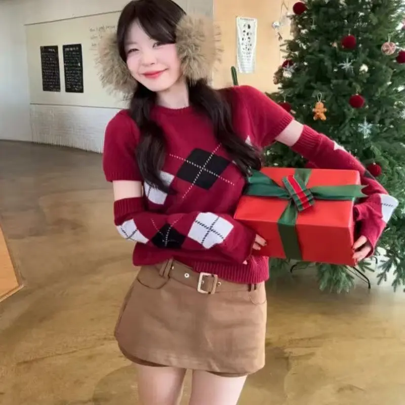 冬季韩系复古宽松显瘦圆领袖套菱形格设计感毛衣