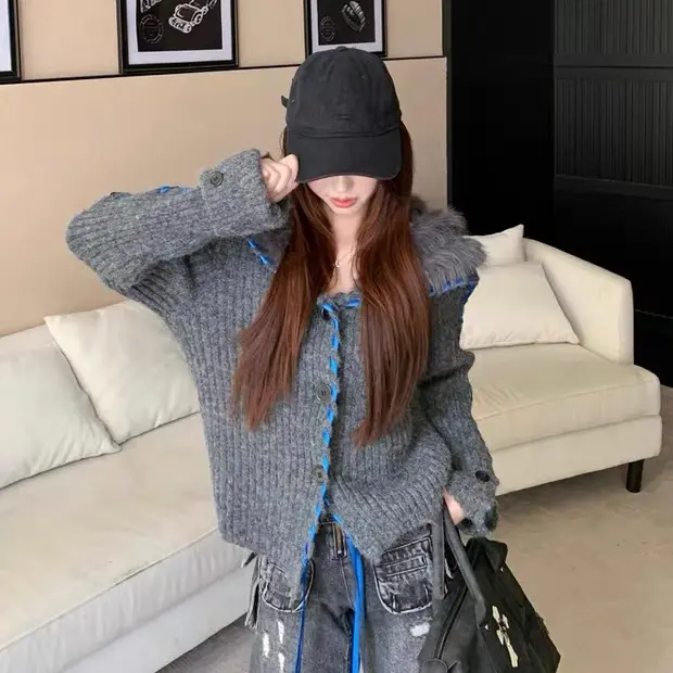 韩版海军领撞色针织开衫女春秋慵懒风显瘦百搭气质外套潮