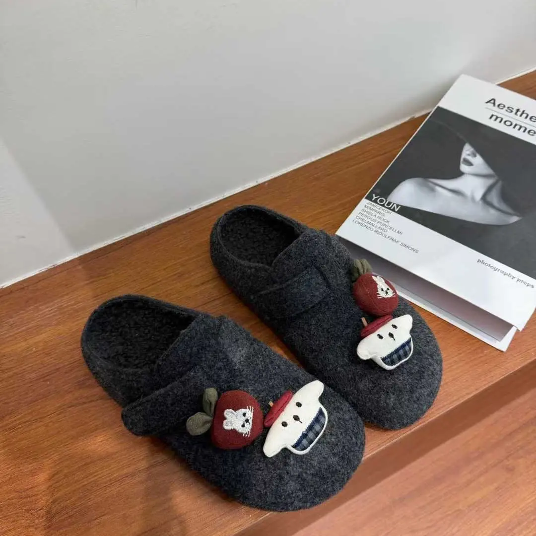 厚底卡通包头半拖勃肯鞋女秋冬加绒保暖防滑一脚蹬外穿