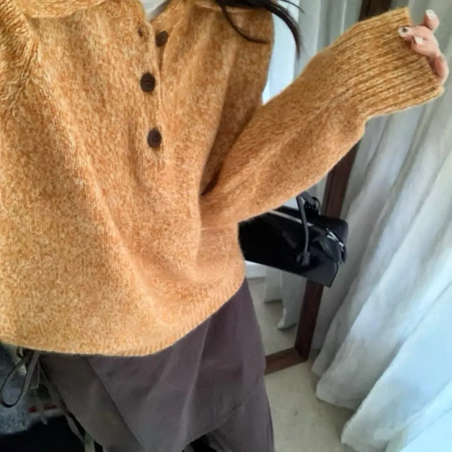 花线混纺翻领半扣套头保暖宽松软糯气质针织衫女装冬