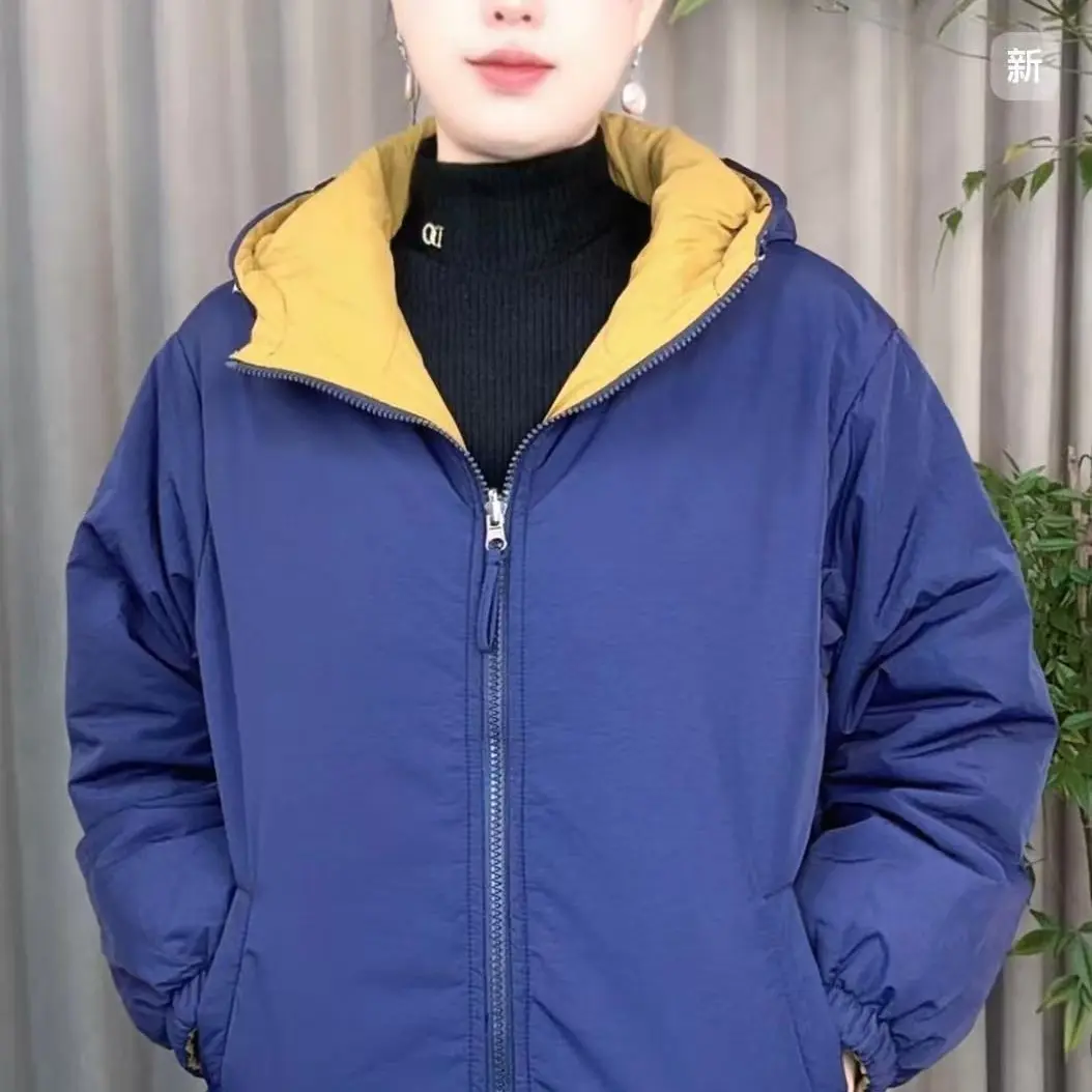 秋冬新款两面穿纯色拉链款连帽棉衣外套休闲百搭