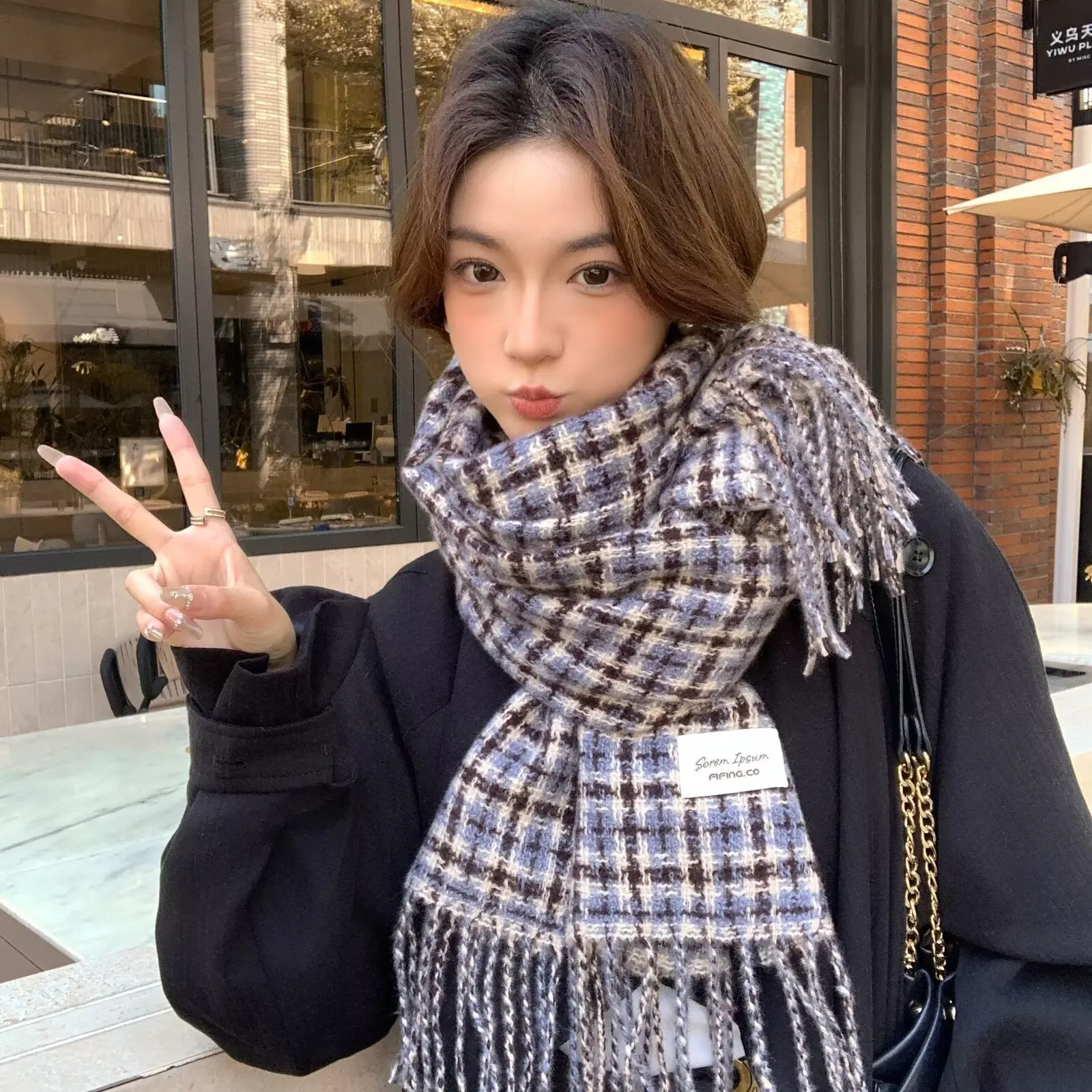格子复古情侣款学生韩系氛围感保暖围巾女士披肩围脖秋冬季