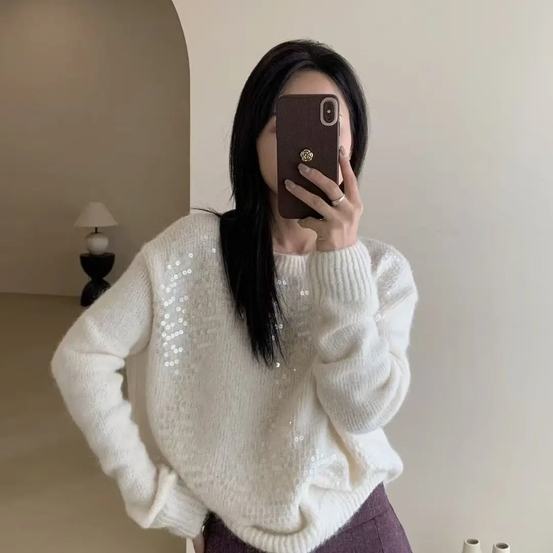 圆领套头亮片纯色软糯百搭针织衫长袖显瘦韩系慵懒风上衣女58039