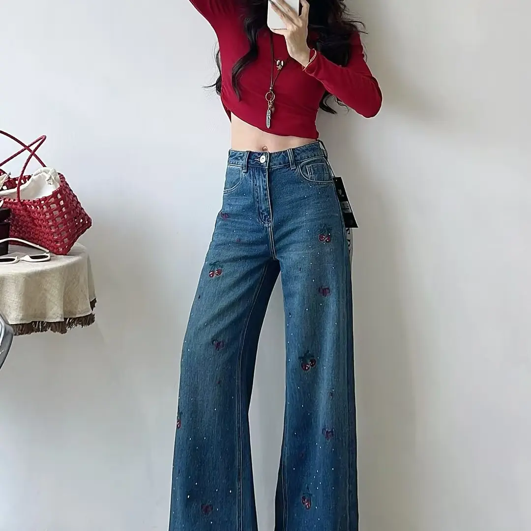 （9203）深蓝刺绣烫钻宽松显瘦高腰直筒女牛仔裤