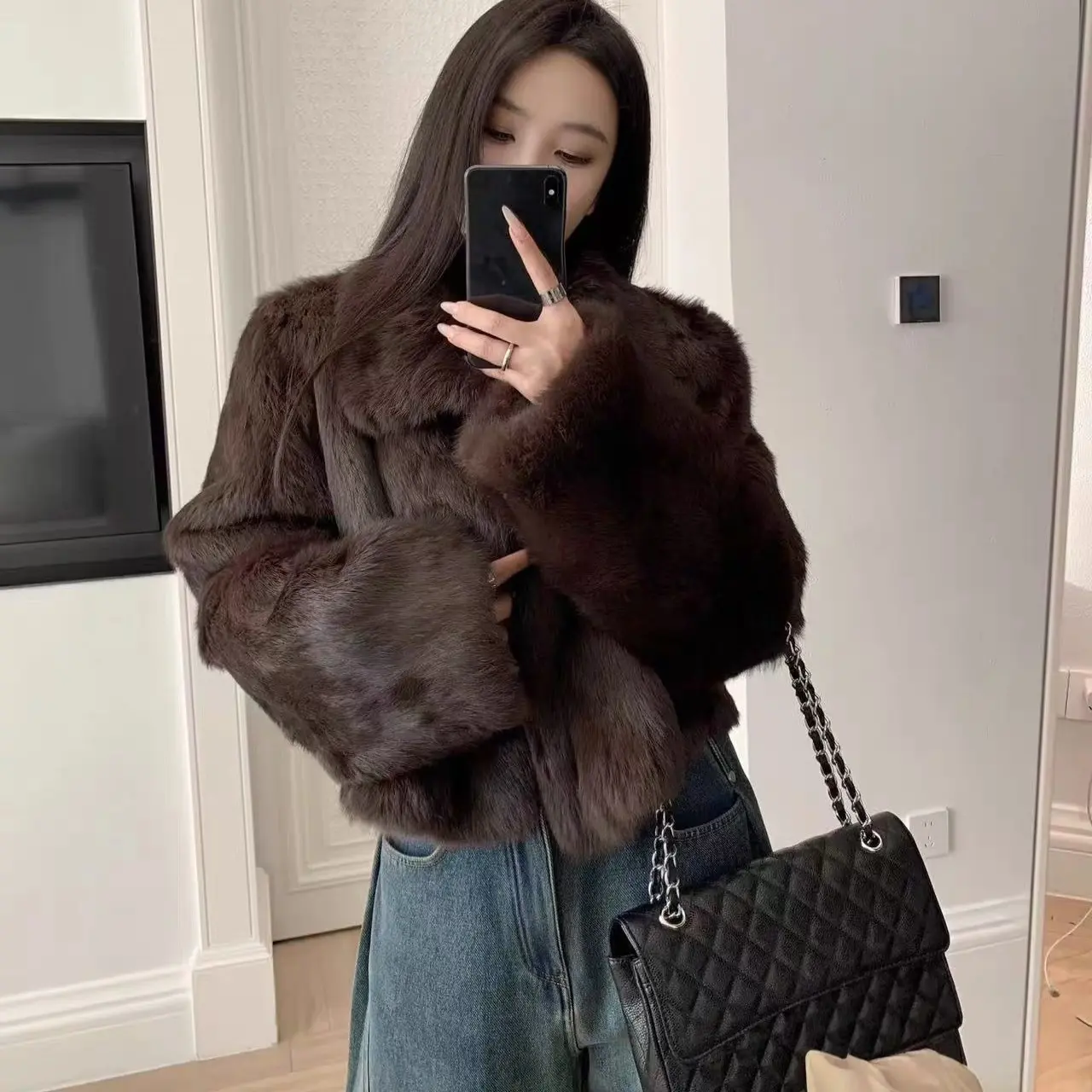 秋冬短款韩版兔毛时尚保暖宽松女外套120斤以内可穿