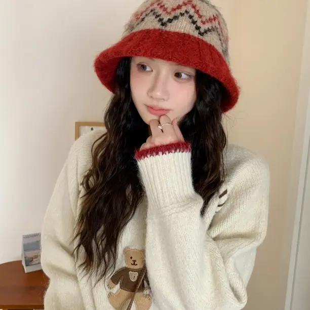 休闲风渔夫帽街头风冬季圆顶帽子红色编织复古保暖百搭时尚针织