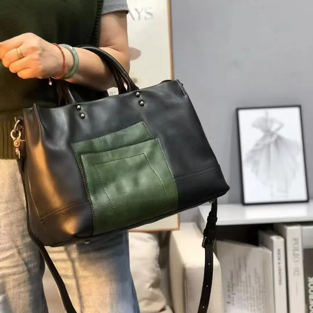 新款简约大容量通勤百搭复古单肩斜挎牛皮女包9109