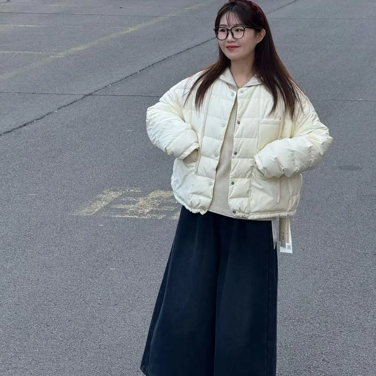 【简】文艺复古短款拼色圆领白鸭绒羽绒服冬季保暖外套