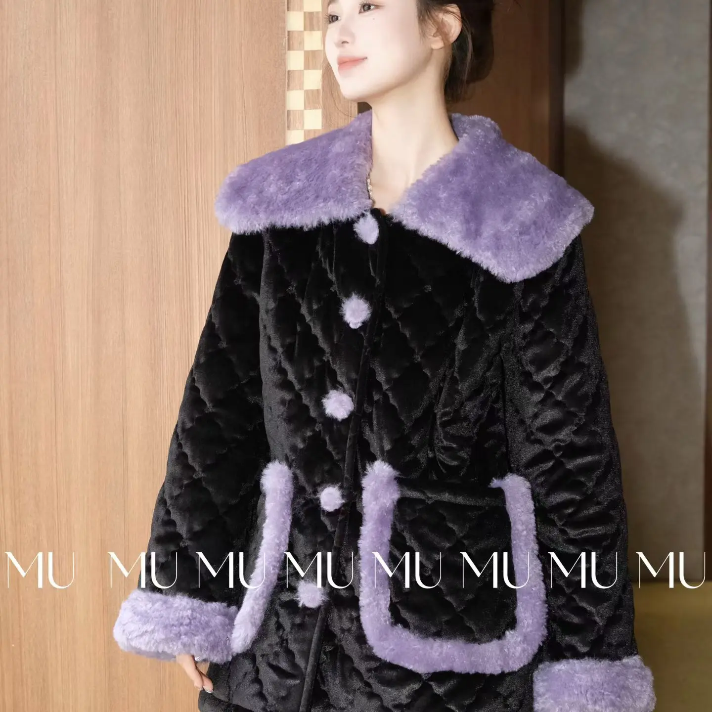 原艾 紫墨寻踪三层夹棉加厚加绒可外穿冬季女士家居服翻领毛绒