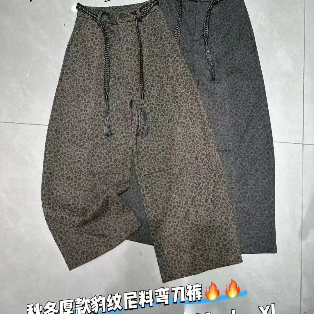8801冬季豹纹加绒加厚阔腿裤宽松休闲弯刀裤高腰显瘦洋气长裤