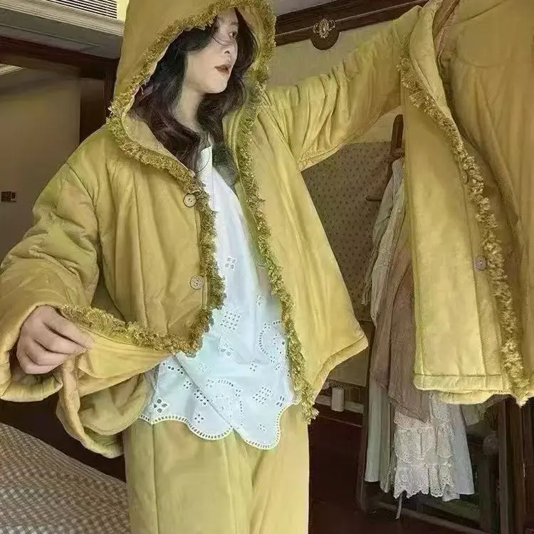 秋冬季三层夹棉加绒加厚连帽黄色纯棉女士保暖家居服套装