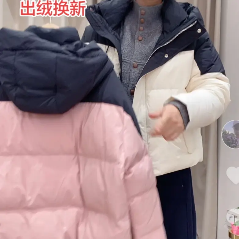 冬季新款短款连帽拼色棉服女运动时尚加厚保暖宽松面包外套