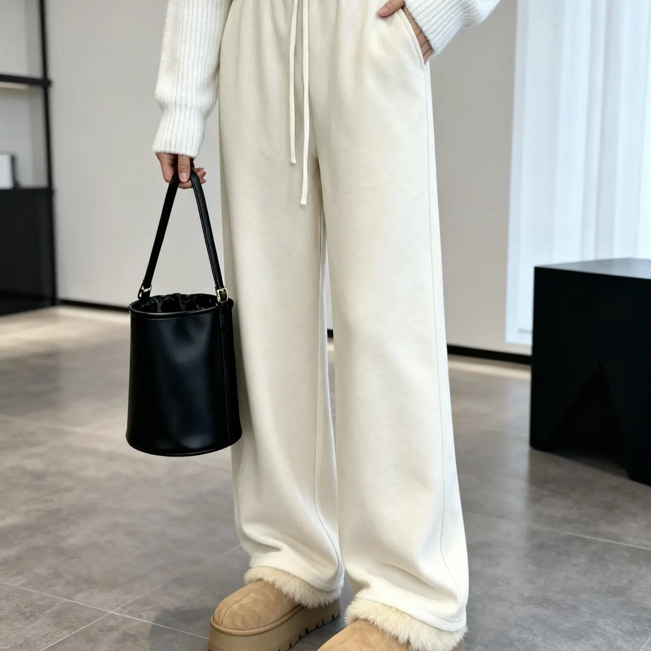 秋冬百搭宽松醋酸加绒阔腿糯米裤女秋冬高腰垂感直筒显瘦时尚保暖