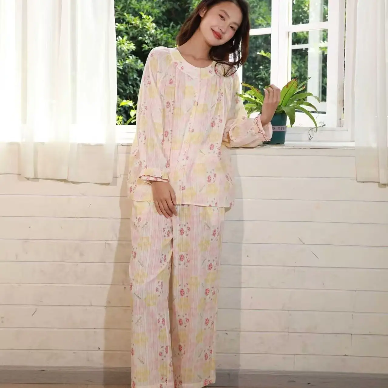 朵朵可可新款纯棉印花长袖宽松舒适女士家居服套装
