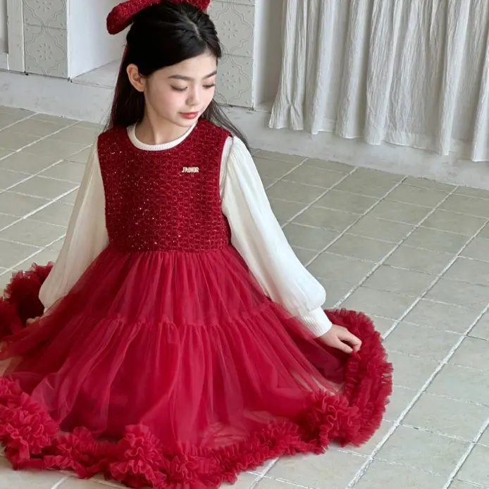 秋冬女童公主风加绒打底无袖网纱连衣裙