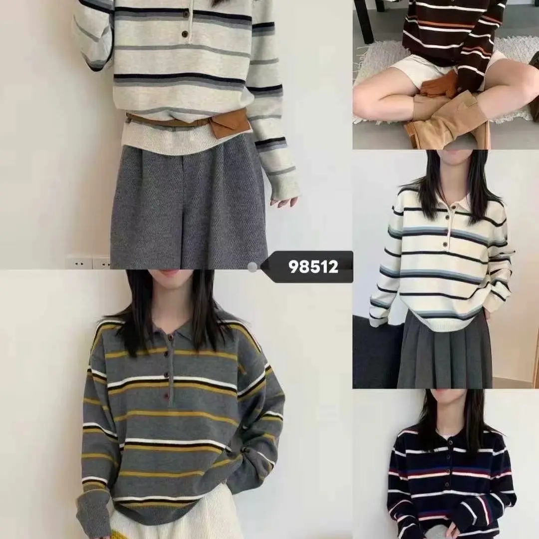 秋冬韩版百搭撞色POLO领条纹加厚针织上衣