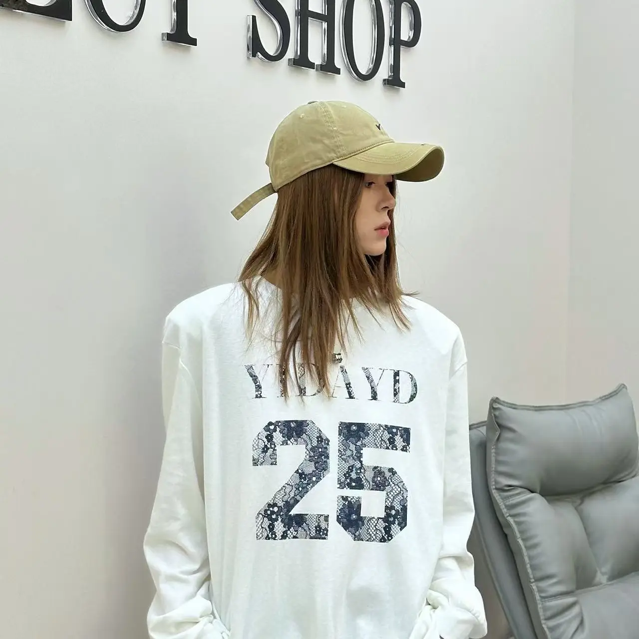 长袖宽松复古印花T恤女港风圆领纯棉打底衫上衣慵懒风33879