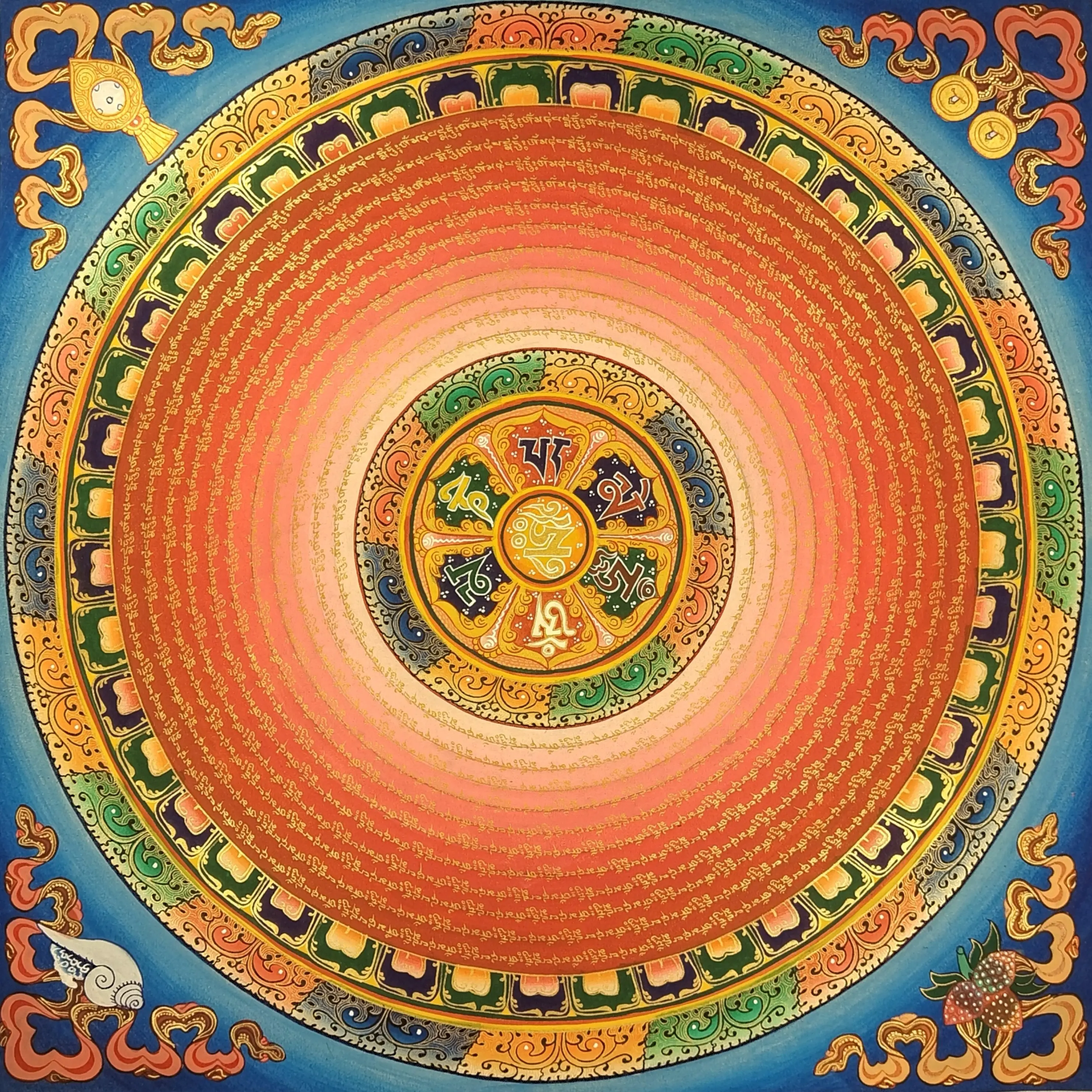 纯手绘精品矿料六字真言唐卡尺寸70×70客厅玄关走廊等地挂画