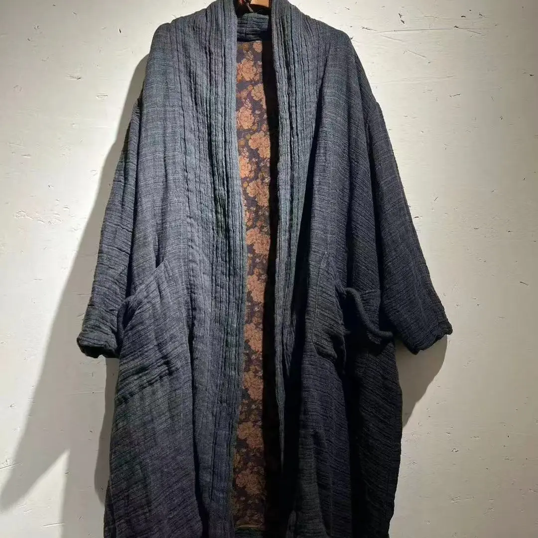 原创亚麻双层褶皱肌理无扣长款风衣厚外套（衣长104胸围146）衣路