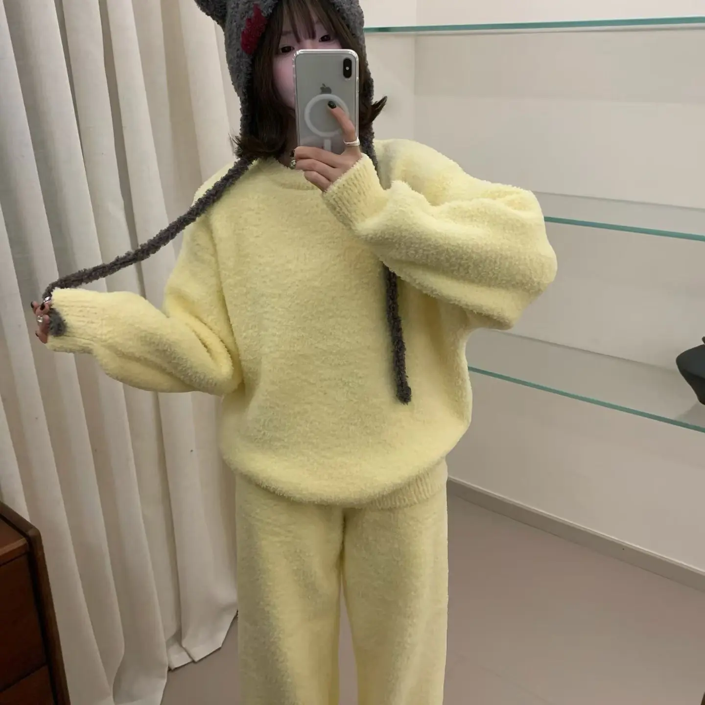 男女通用冬季加绒保暖半边绒可外穿慵懒显瘦家居服套装