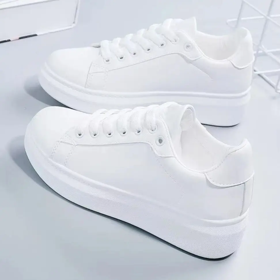 小白鞋潮流百搭平底平跟休闲板鞋厚底交叉绑带透气纯色男女同款