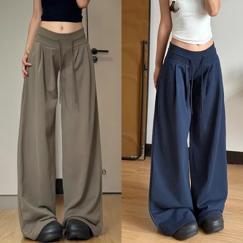 军绿色美式高腰阔腿裤女夏季2025新款宽松垂感休闲慵懒抽绳运动裤