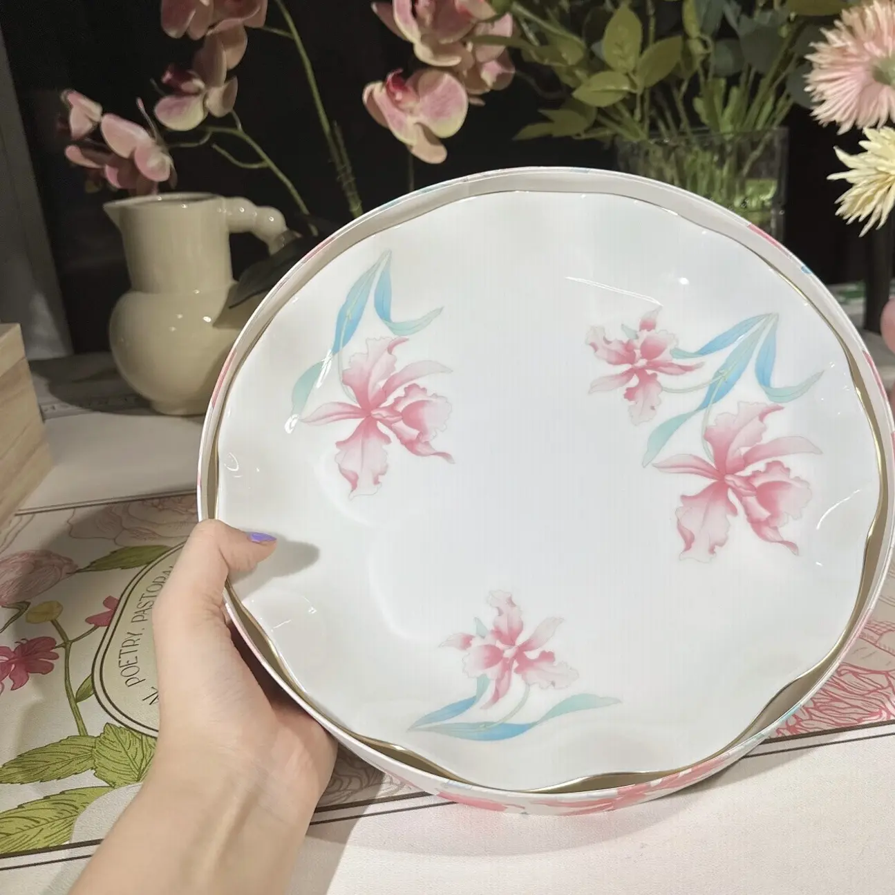 日本中古香兰社未使用釉下彩简约网红款白锦花深盘餐具陶瓷