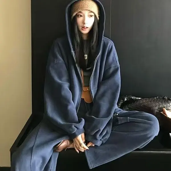 秋冬双面奥粒绒连帽卫衣外套加厚阔腿裤保暖两件套装女冬季