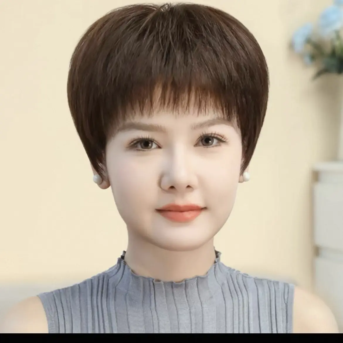 中老年女士全头套短款直发全真发假发轻薄自然